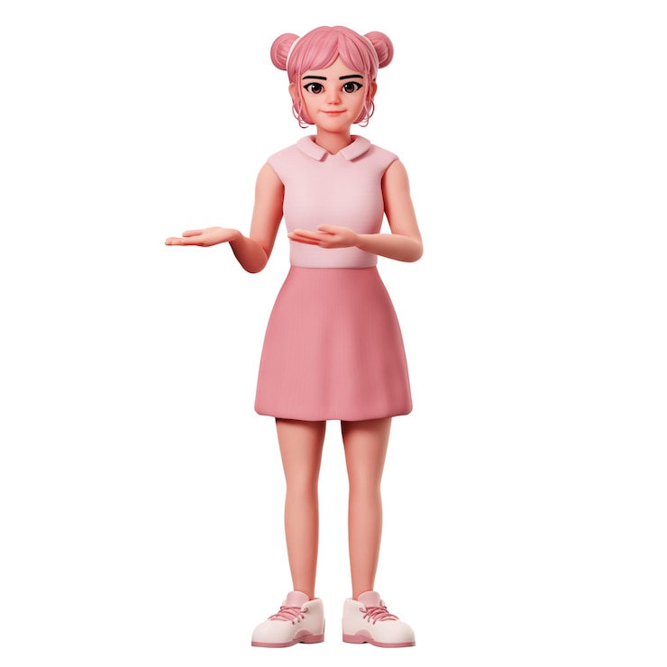 Photo 더블 번을 가진 귀여운 여성 캐릭터 양손을 사용하여 왼쪽으로 포즈를 취하는 모습 3d 캐릭터