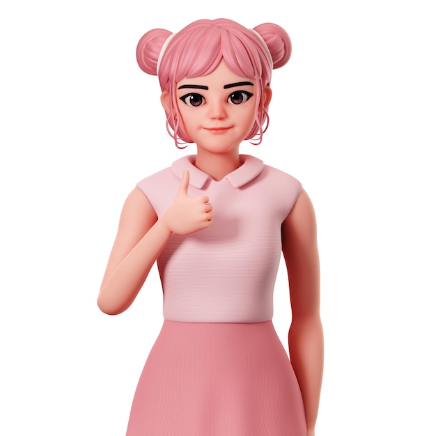 Симпатичный женский персонаж с двойными булочками, показывающий большие пальцы вверх Поза с использованием левой руки 3D рендеринг персонажа