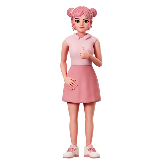 Photo cute female character with double buns showing thumbs ups pose using right hand 3d character render