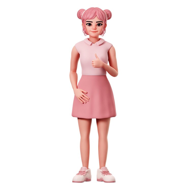 Photo 오른손 3d 캐릭터 렌더를 사용하여 엄지손가락을 올리는 포즈를 보여주는 이중 빵이 있는 귀여운 여성 캐릭터