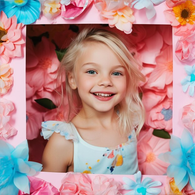 Cute female kids on flower frame