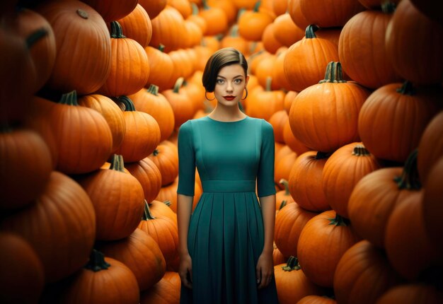 Cute female model surrounded by oversized orange pumpkins Fashionable autumn portrait background