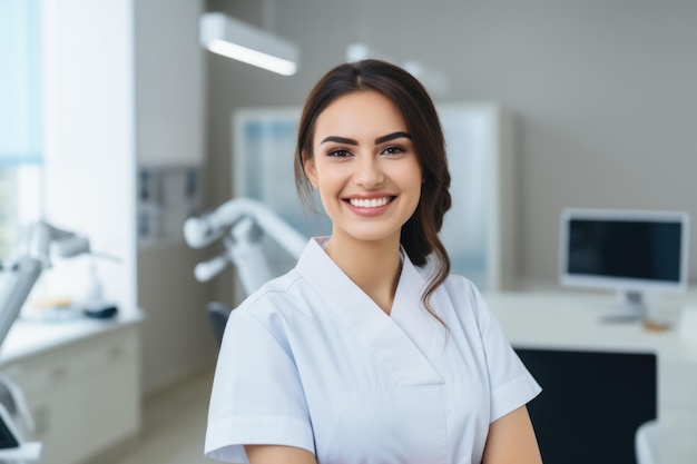 Foto simpatico ritratto femminile di un dentista azerbaigiano sorridente sullo sfondo di uno studio dentistico