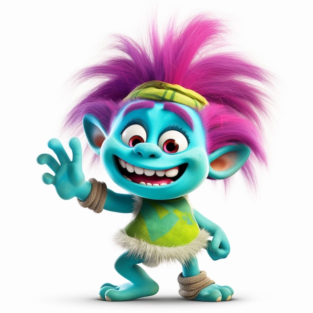 cute female troll purple hair clipart in pixar style white background