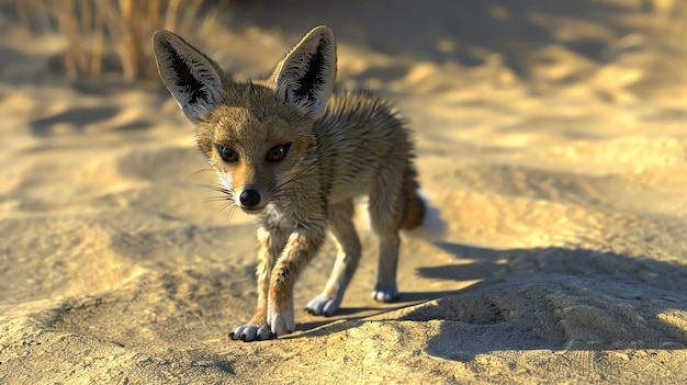 A cute Fennec fox is walking in the desert It has big ears and a long tail It is looking for food