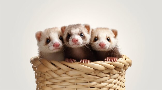 Cute Ferrets in a basket with pastel colors on a whiteGenerative AI