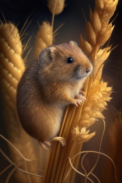 Cute field mice on wheat background AI Generative