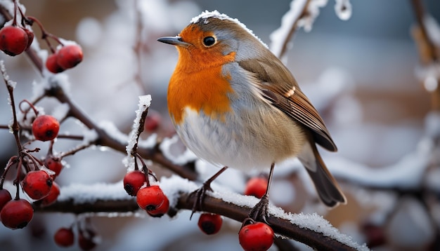 Cute finch perching on branch surrounded by snowy tranquility generated by AI