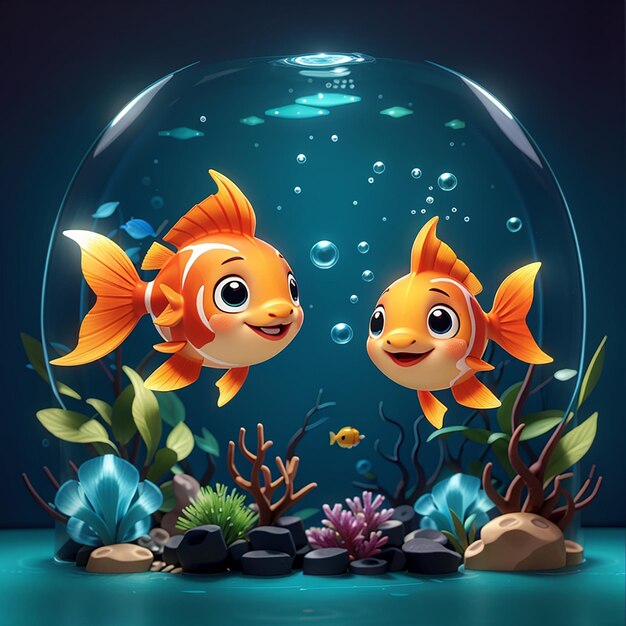 Cute fish swimming in aquarium cartoon vector icon illustration animal nature icon concept isolated