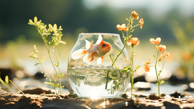 A cute fish swims in a transparent vase with green plants