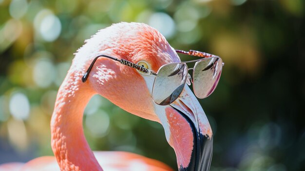 Foto flamingo carino in primo piano con gli occhiali generative ai