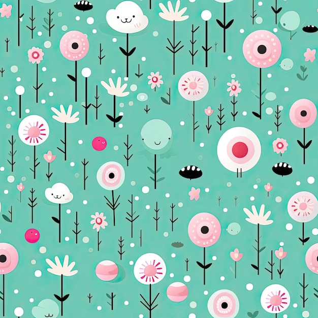 Cute floral print in pastel colors with whimsical cartoonstyle elements tiled