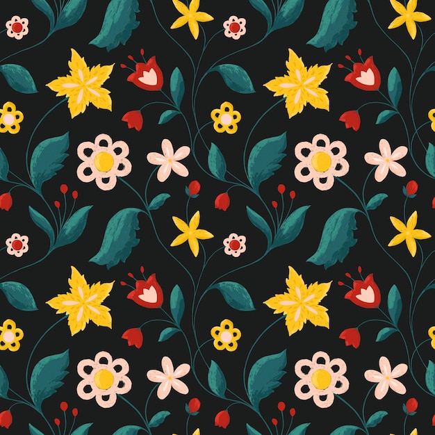 Cute floral seamless pattern on black Bright folk red green yellow flowers leaves repeat print