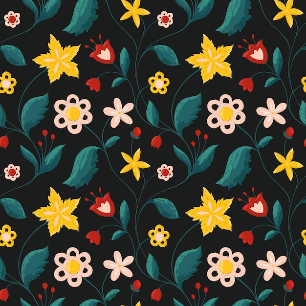 Cute floral seamless pattern on black Bright folk red green yellow flowers leaves repeat print