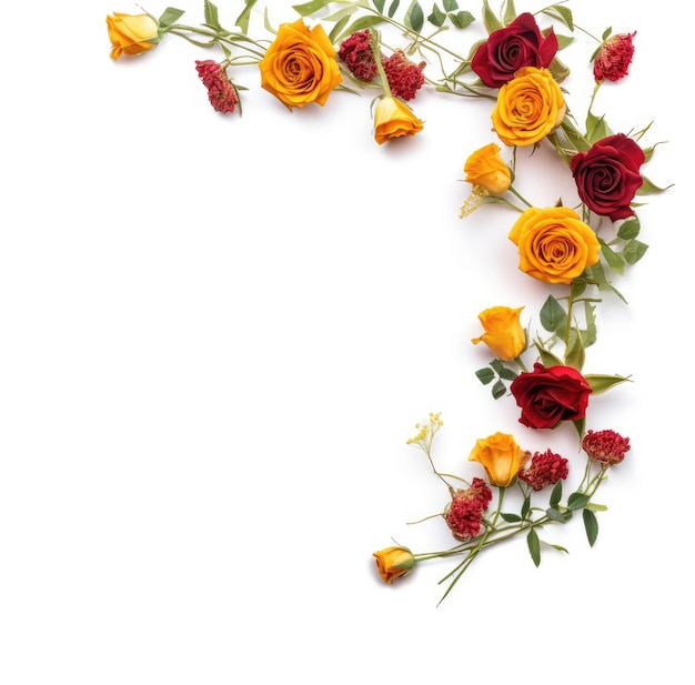 A cute flower corner frame on white background with small red and yellow roses