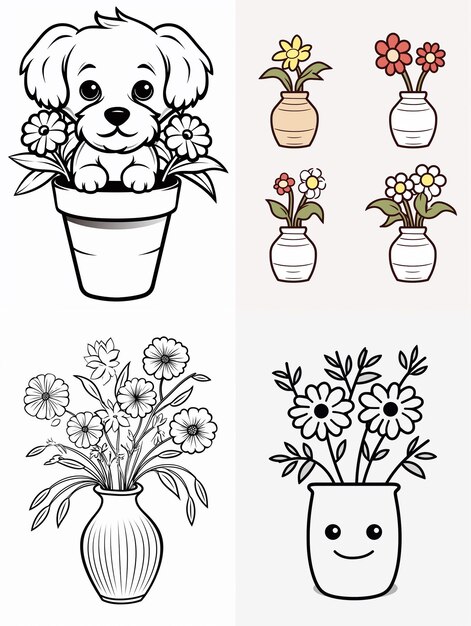 Photo cute flowers in vase kawaii coloring book worksheet for kids