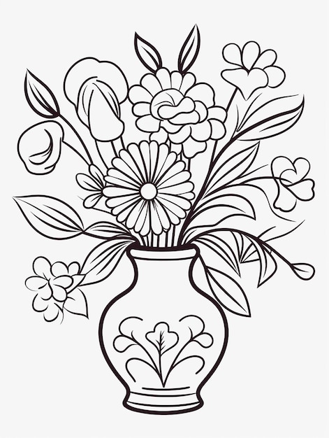 Cute flowers in vase Kawaii Coloring book worksheet for kids