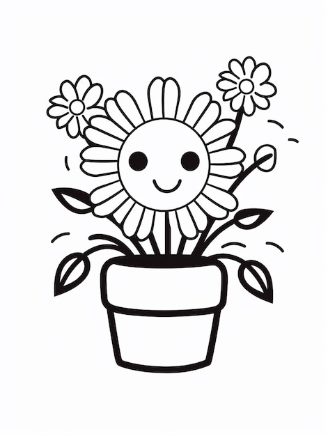 Cute flowers in vase Kawaii Coloring book worksheet for kids