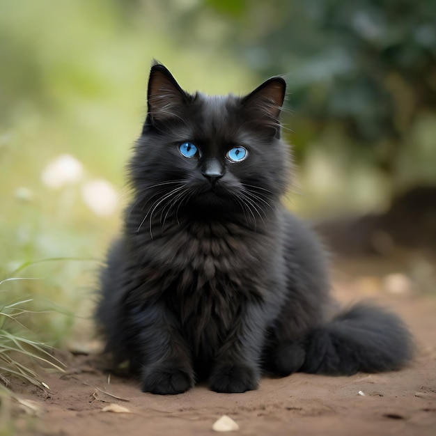 AIによって生成された黒色のボンベイ猫の隣に横たわっている青い目を持つ可愛いふわふわアンゴラ猫
