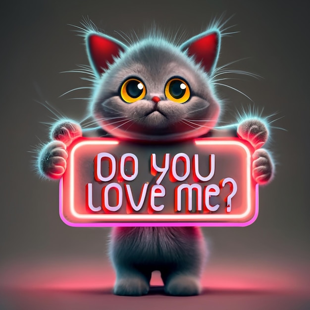 cute fluffy baby black cat in pixar style holding a pink neon sign that says do you love me