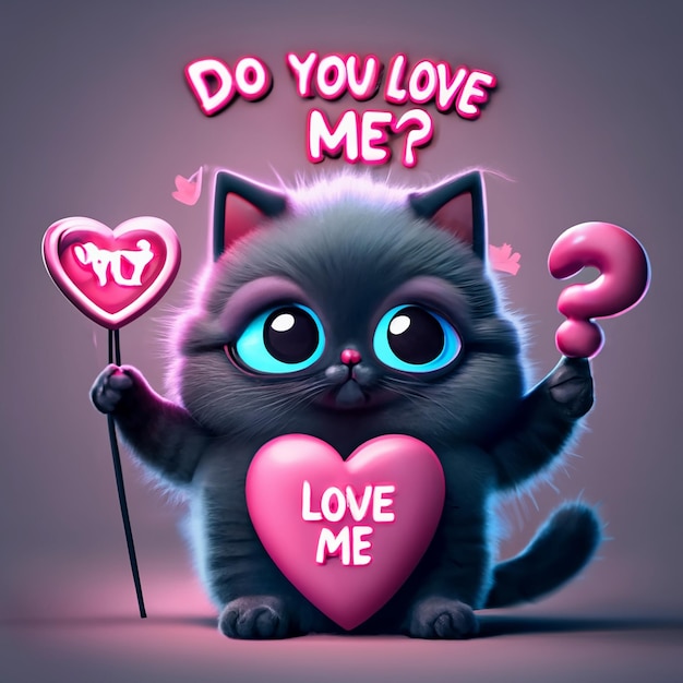 cute fluffy baby black cat in pixar style holding a pink neon sign that says do you love me