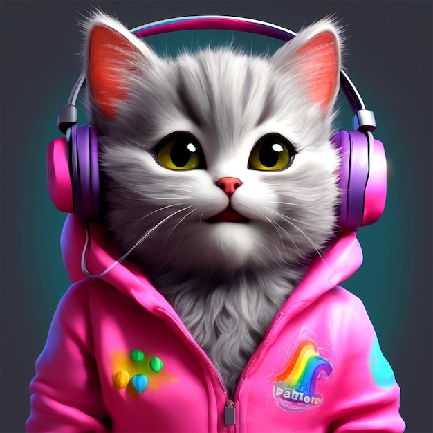 Cute Fluffy Baby Cat Grey Hair With A Pink Sweatshirt And A Rainbow Logo Cat Is Wearing Headphone