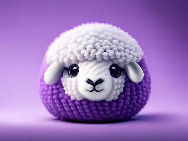 Cute fluffy ball with sheep face and colorful intense color purple solid color background amigu