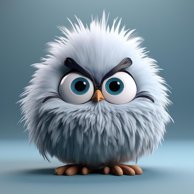 A cute fluffy bird creature 3D illustration on a neutral background