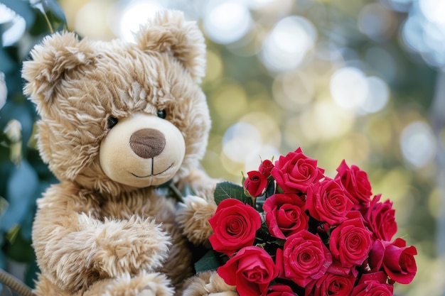 cute fluffy brown teddy bear with a bouquet of red roses