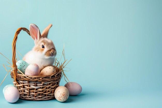 Cute fluffy bunny in basket with easter eggs on blue background with space for text