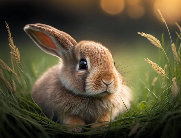 かわいいふわふわのウサギは、芝生の上の緑の草の中に座っています。