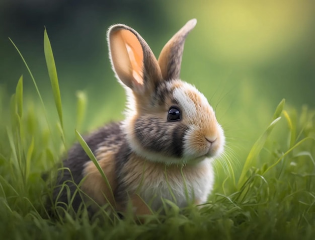 かわいいふわふわのウサギは、芝生の上の緑の草の中に座っています。