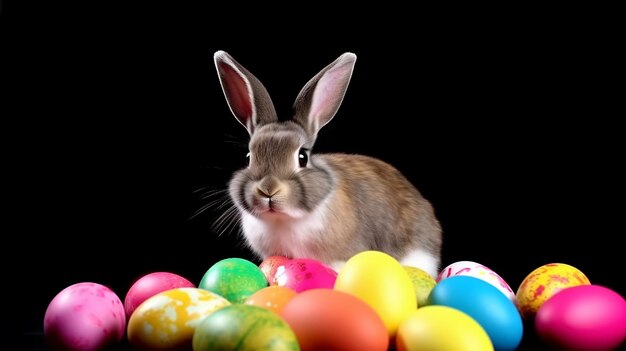 Photo cute and fluffy bunny sitting among color easter eggs dark background