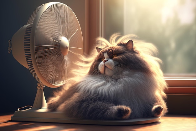 夏の暑さの中、室内の卓上ファンからの風を楽しむふわふわのかわいい猫