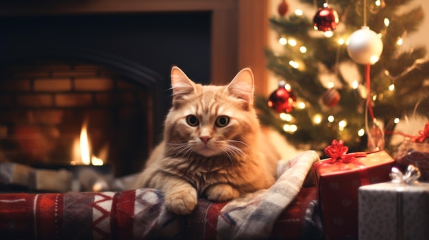 クリスマスのプレゼントとクリスマスツリーの背景に可愛い毛深い猫