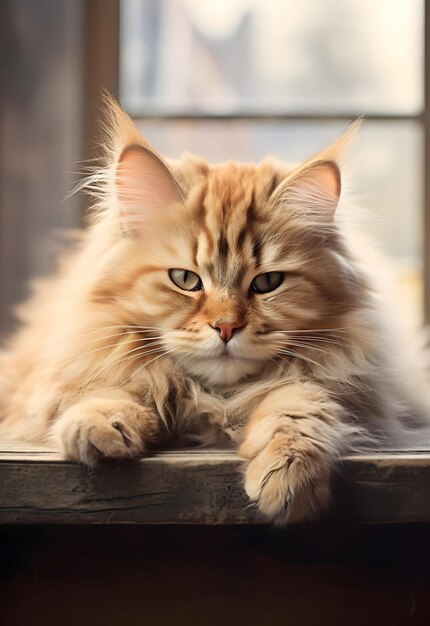 Cute Fluffy Cat Lying On Table