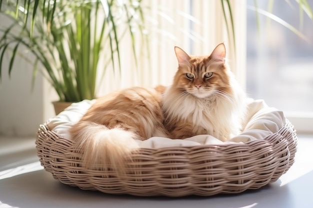 Cute fluffy cat resting in a pet bed space for text Generative AI