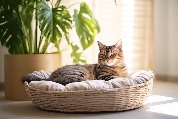 Cute fluffy cat resting in a pet bed space for text generative ai