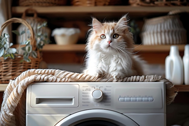 写真 洗室の洗機の上に座っているかわいいふわふわの猫