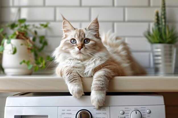 Foto un gatto carino e soffice seduto in cima alla lavatrice nella lavanderia.