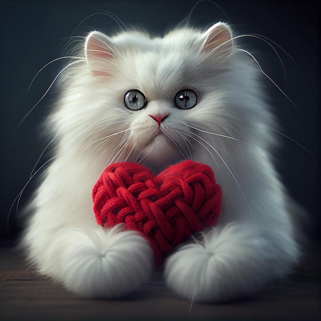 Cute Fluffy Cat with Knitted Heart Generative AI