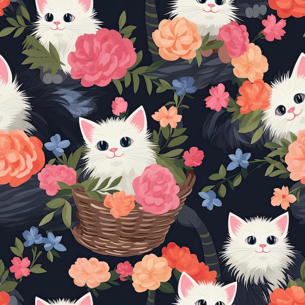 Cute fluffy cats in flower baskets seamless pattern