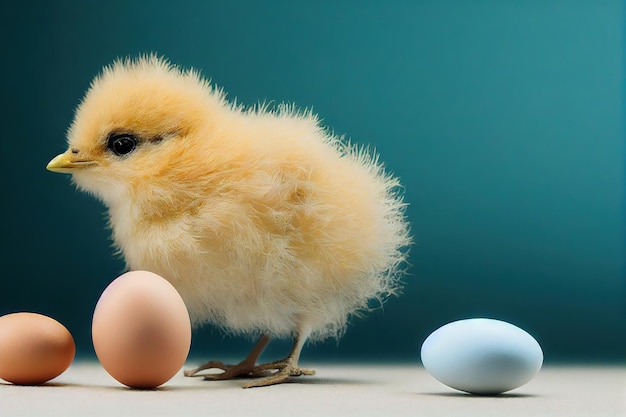 Cute fluffy chicken hatching from egg on green background