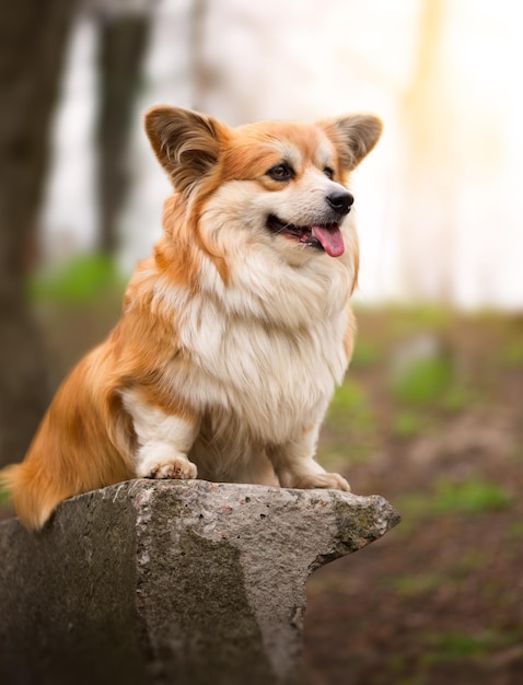 Cute Fluffy Corgi Dog sitting in a spring park Portrait of Welsh Corgi Pembroke Dog