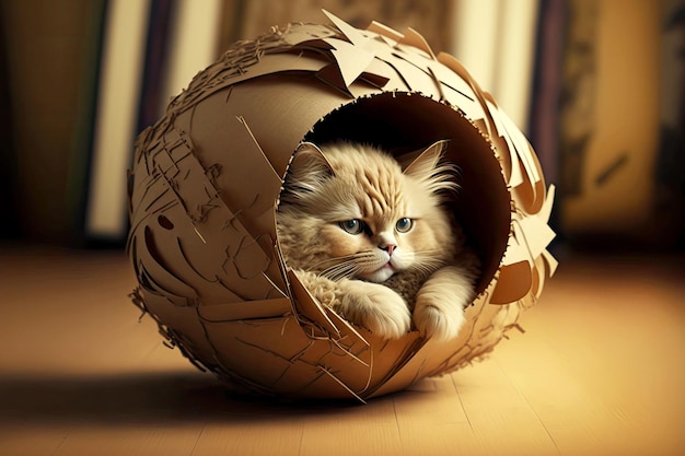 Cute fluffy cream cat curled up in ball in cardboard house on floor