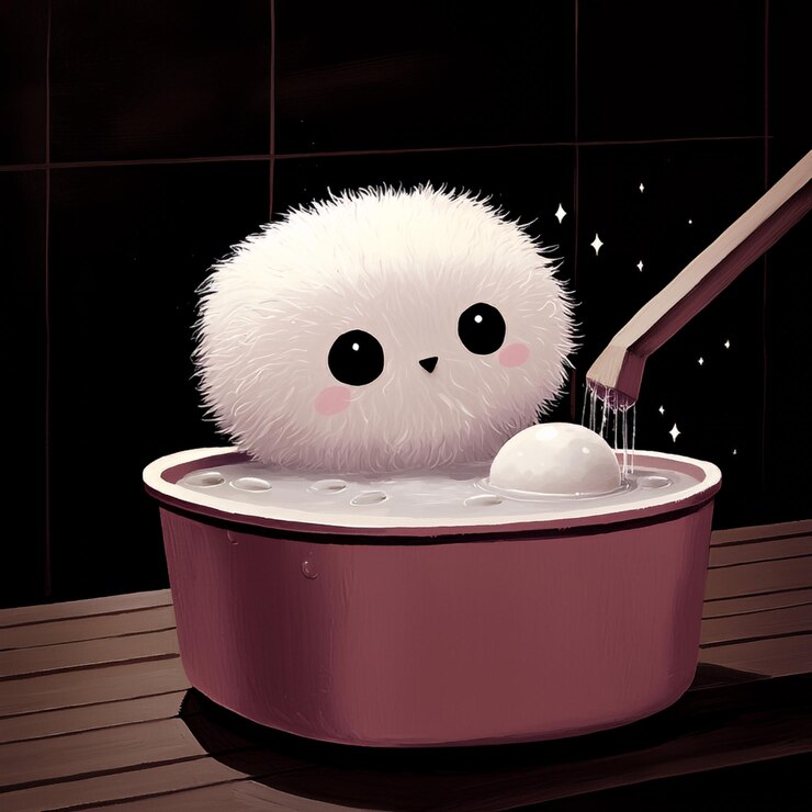 Photo cute fluffy creature taking a bath with a big smile