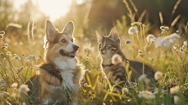 可愛いふわふわの友達 コルギー犬とタビー猫が 晴れた春の草原で一緒に座っています