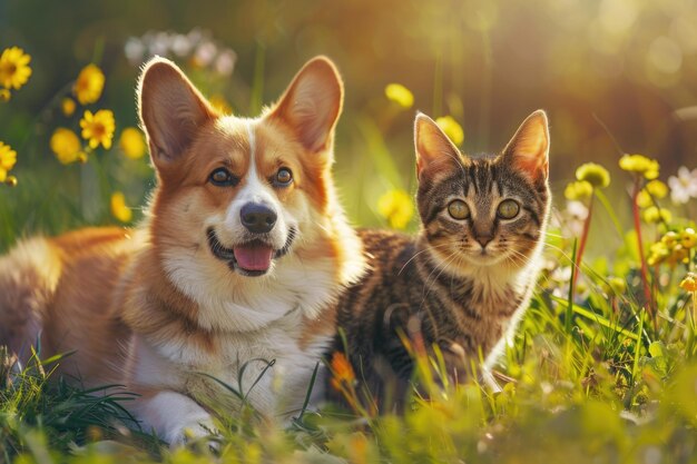 cute fluffy friends a corgi dog and a tabby cat sit together in a sunny spring meadow