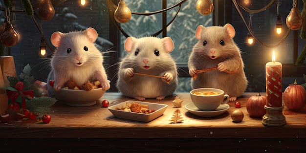 Cute and fluffy Hamsters on the background of Christmas decorations