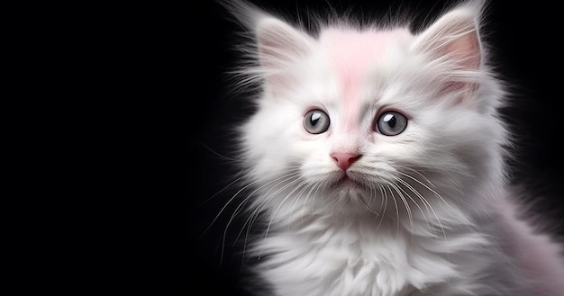 Cute fluffy kitten on a black background with copy space adorable cat looking at camera petanimals